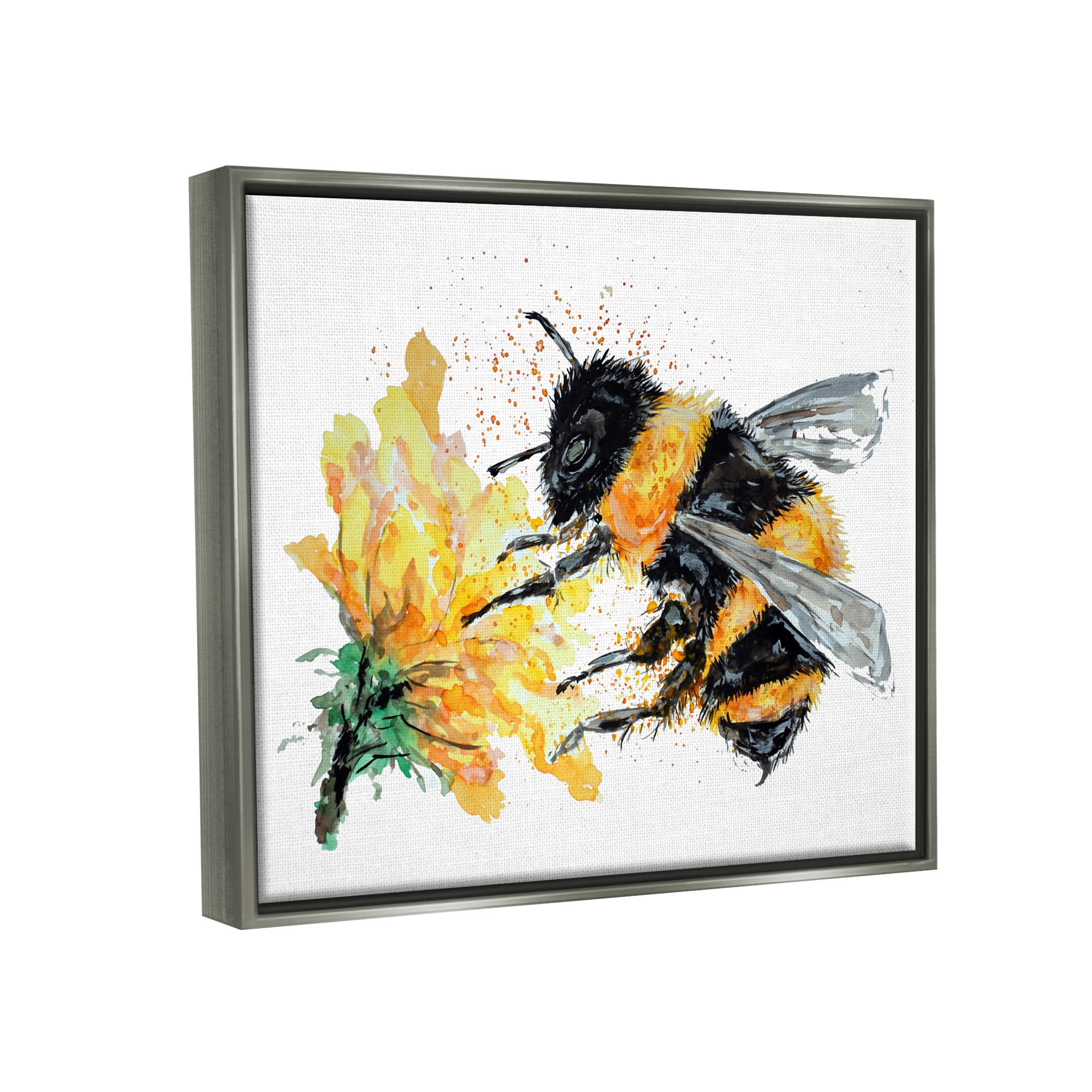 Stupell Industries Bee & Yellow Flower Animals & Insects Painting Gray Floater Framed Art Print Wall Art, 31 x 25