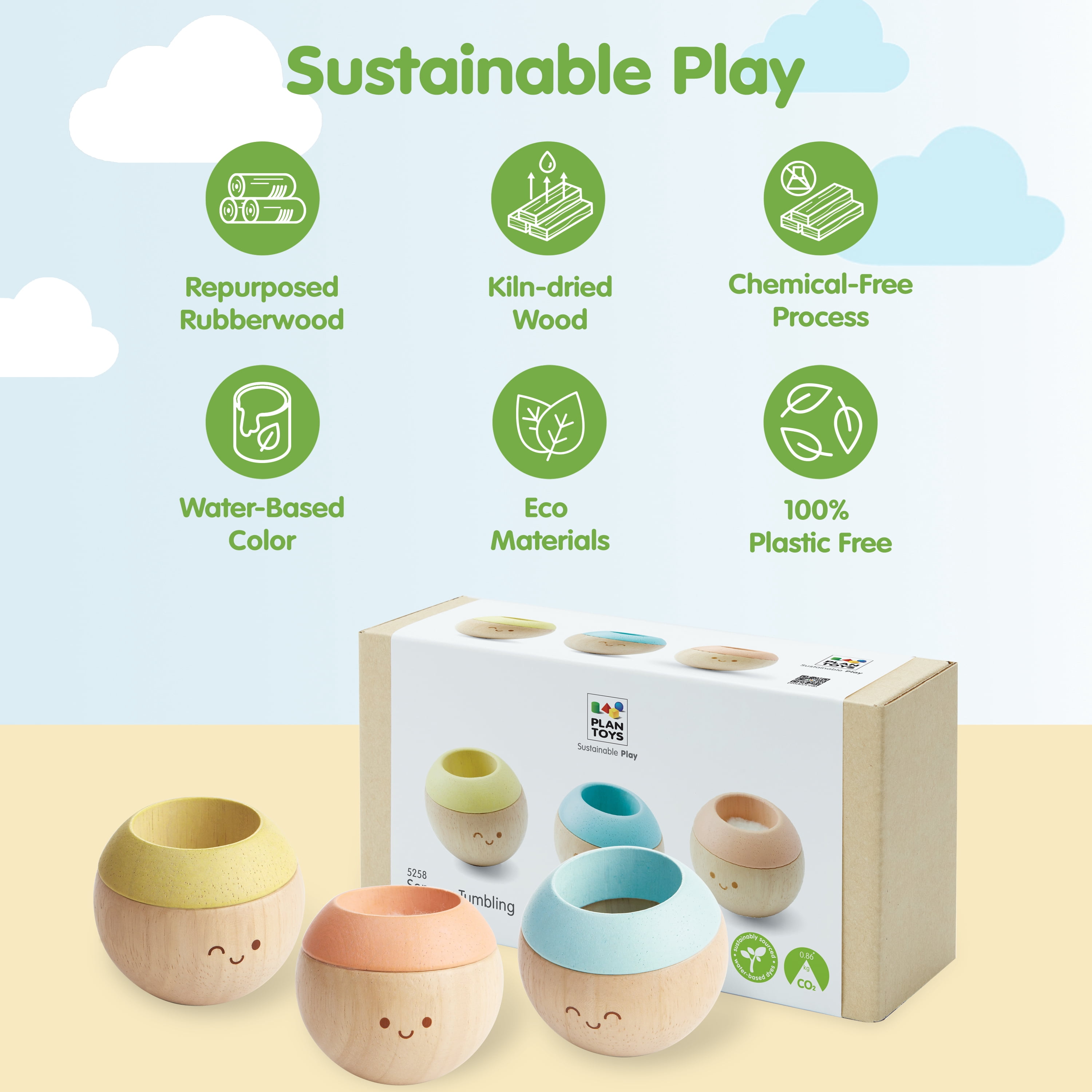 PlanToys® Pastel Wooden Tumbling Montessori Toy | Developmental Baby Toy for Fine Motor Skills & Sensory Play | Safe & Eco-Friendly for Babies 6 Months+