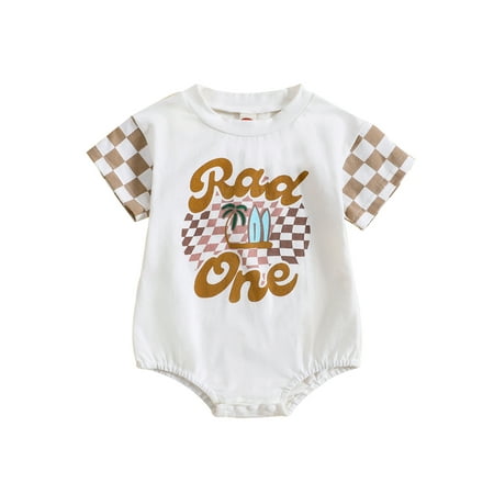 

Baby Romper Short Sleeve Crew Neck Plaid Letters Print Summer Bodysuit Clothes for Girls Boys
