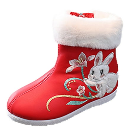 

Youmylove Girls Embroidered Shoes Short Boots Embroidered Shoes Ethnic Style Plus Velvet Children Year Cotton Boots Baby Footwear
