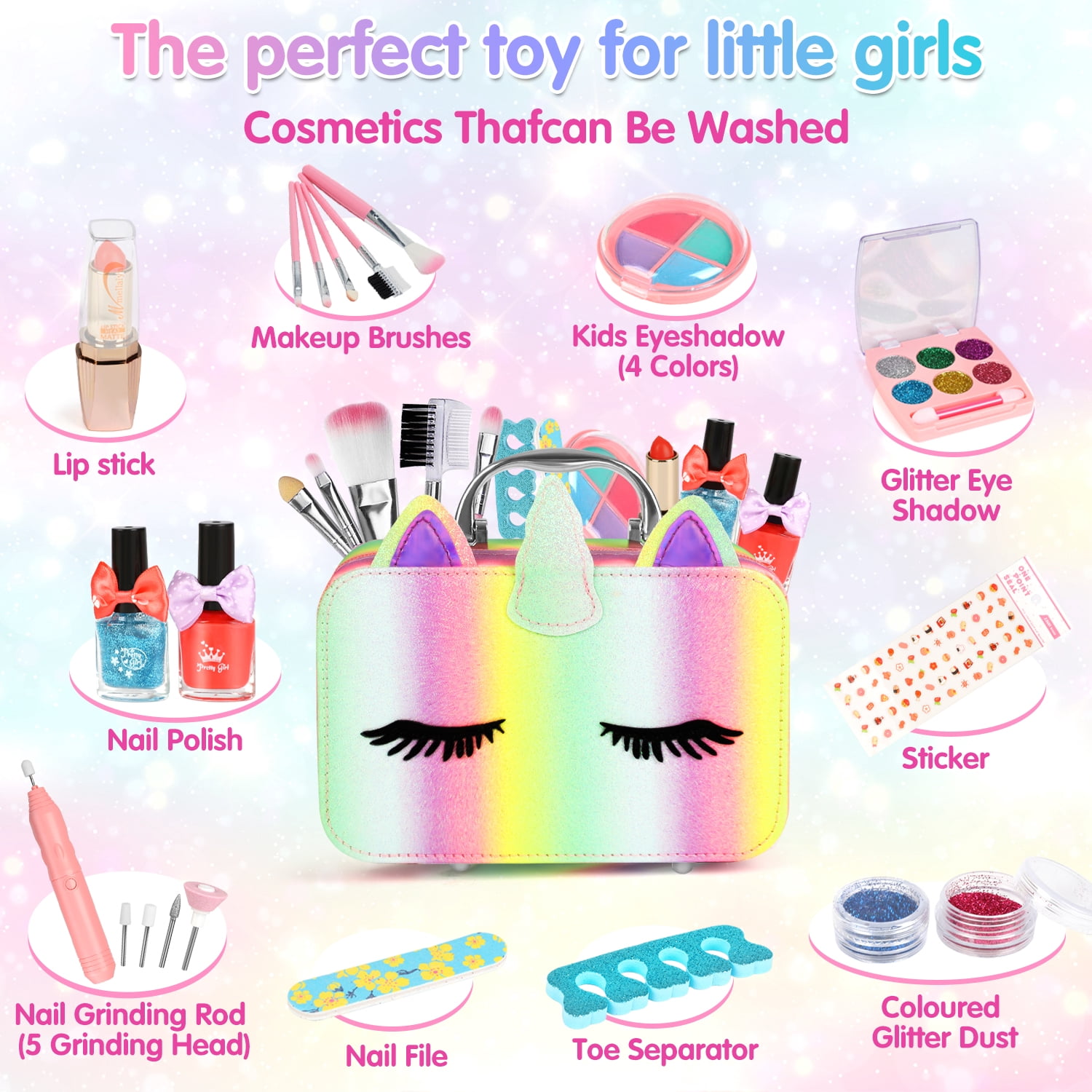UQN Girls Makeup Kit with Unicorn Makeup Bag, Little Girls Makeup Kit for Kids 4-8-12 Toys, Pretend Princess Christmas/Birthday Gift for Kids Toddlers 4 5 6 7 8 9+ Years