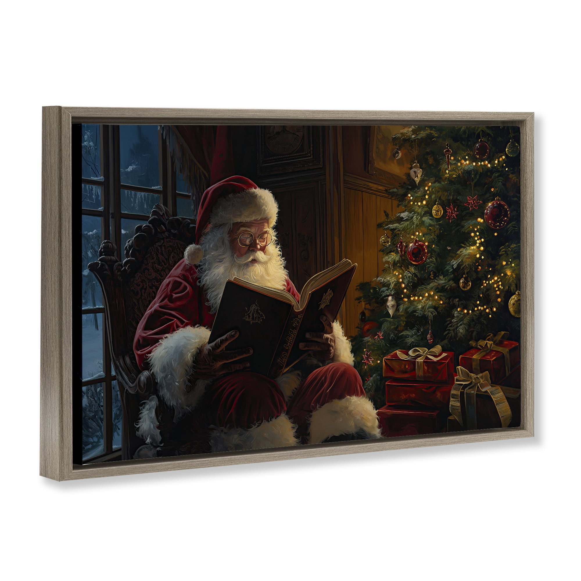 Stupell Industries Santa Reading by Tree Holiday Painting Brown Floater Framed Canvas Art Prints Wall Art, 25 x 17