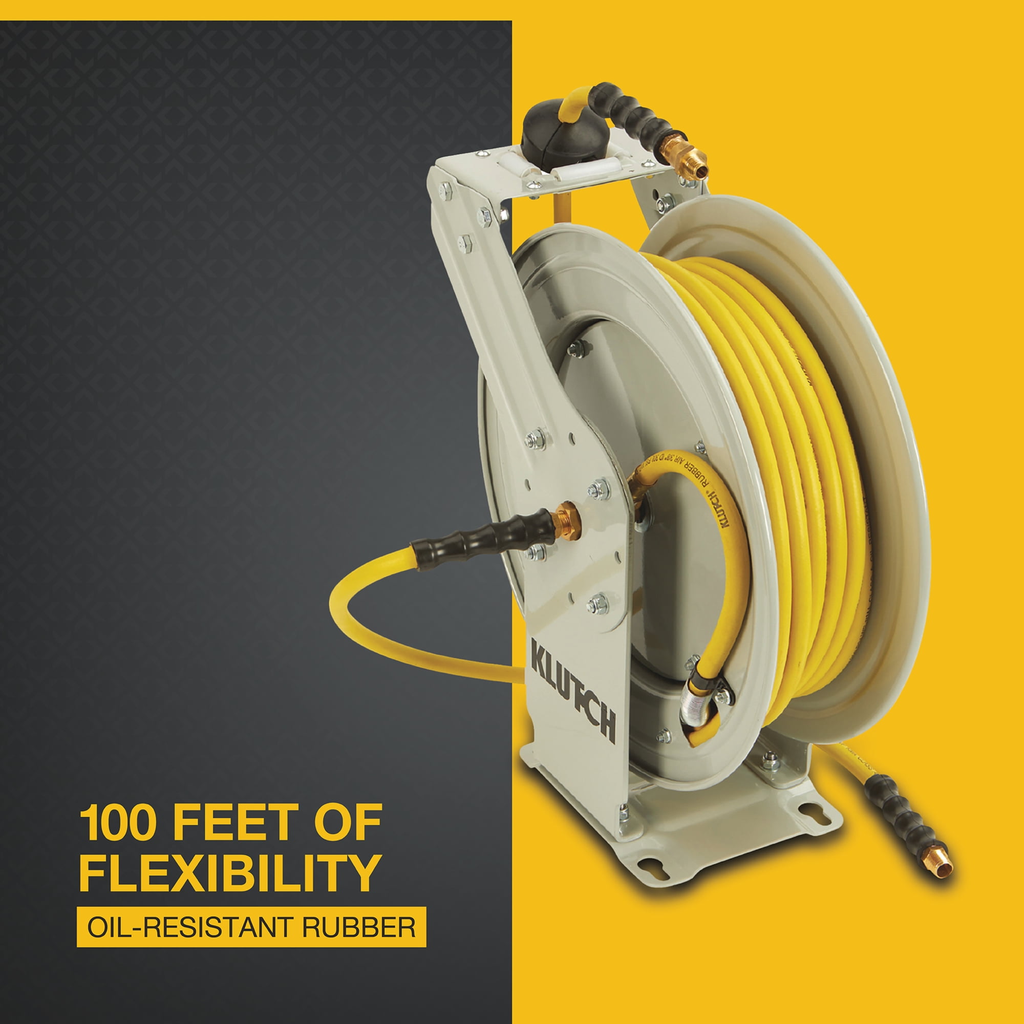 Klutch Auto-Rewind Air Hose Reel with 1/2in. x 100ft. Oil-Resistant Rubber Hose, 300 PSI