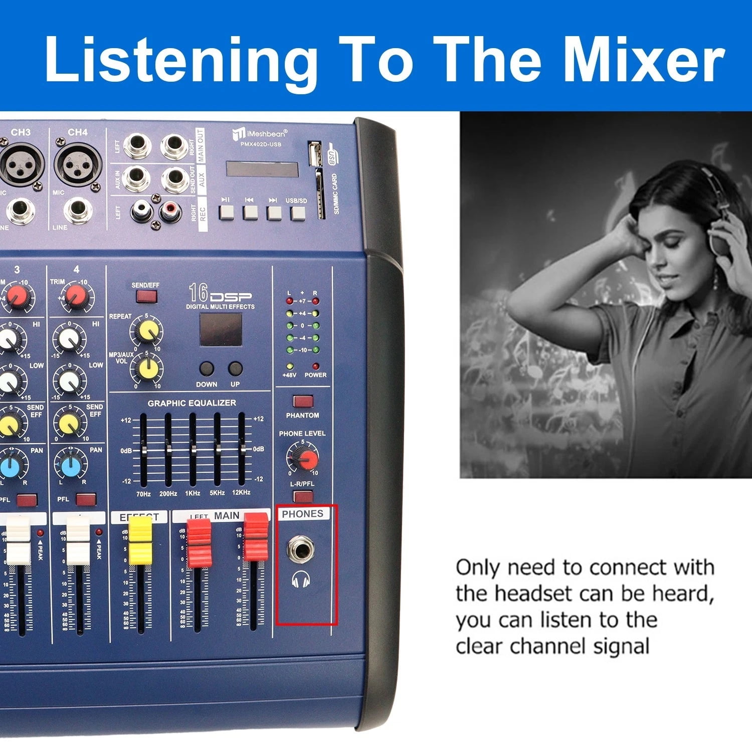 iMeshbean 800W Professional Powered Mixer Audio 4 Channel Power mixing Amplifier Amp 16DSP USB