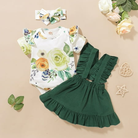 

uublik Clothes for Girls Soft Ruffles Floral Print Romper Bodysuit+Suspender Skirts Outfits