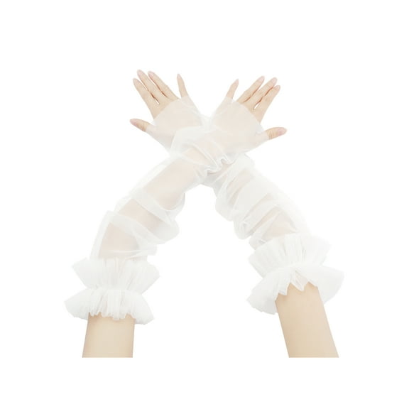 INSPIRE CHIC Women's Long Ruffle Tulle Cuff Sleeves Mesh Sheer Arm Cover Fingerless Gloves for Wedding 1 Pair White One Size