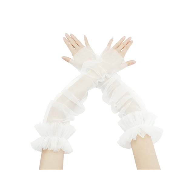 Guantes sin dedos de malla transparente con mangas de tul rizadas para mujeres INSPIRE CHIC, 1 par, blancos, talla única