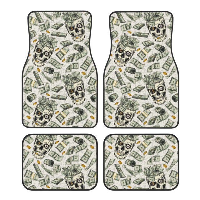 Fotbe Skull with Cash Juego de 4 Tapetes para Auto con Estampado – Alfombrillas de Goma Reforzada, Diseño Antideslizante, Protección para Todo el Año – Vehículos, Autos, Camionetas y SUVs