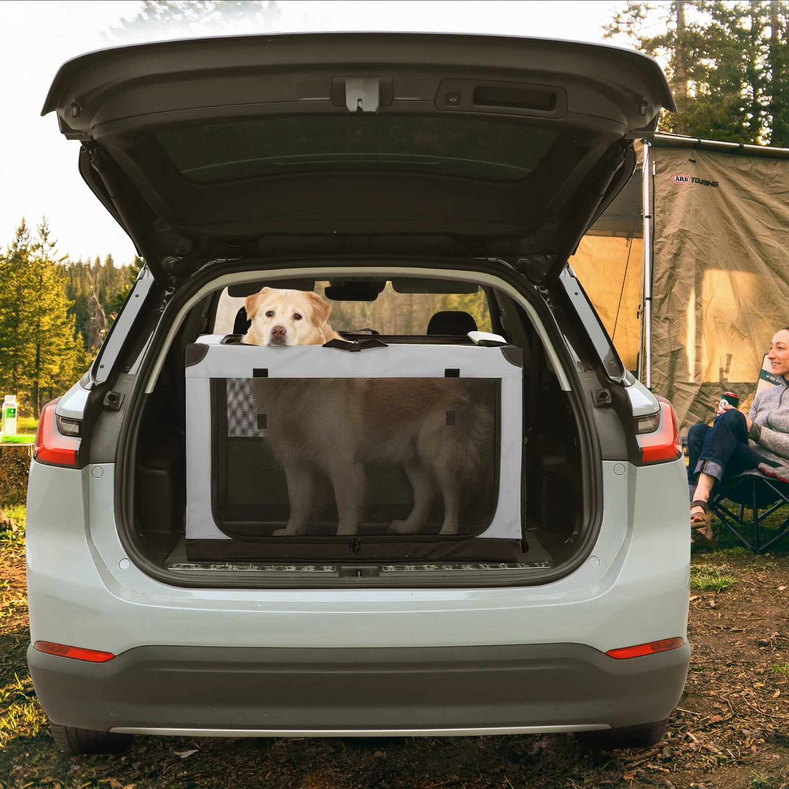 PETSFIT Soft Sided Dog Crate, Soft Dog Crate - 36 Inch Lightweight, Easy Setup, Sturdy Portable Dog Crate, Adjustable Framework with 3 Mesh Door, Collapsible Dog Kennel Grey