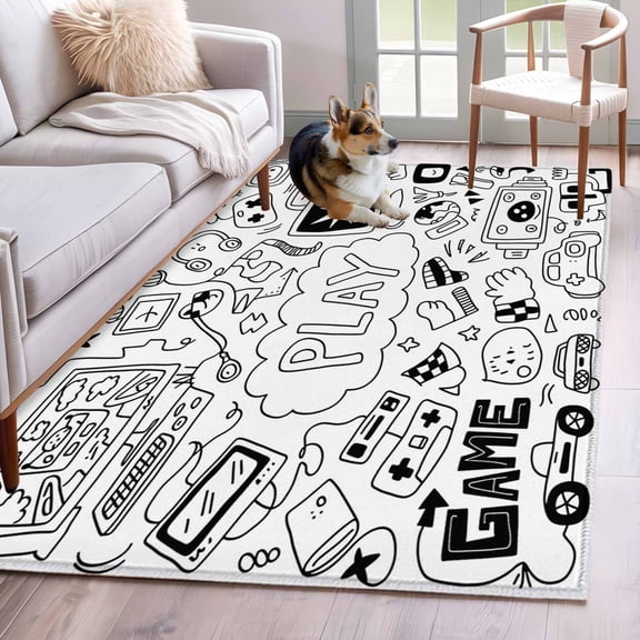 Area Rug 3x5ft Video Games Gaming Vintage Area Rugs Washable Low Pile Floor Carpet for Bedroom, Abstract Sketch Style Non Slip Soft Rugs for Living Room Entryway Dining Room