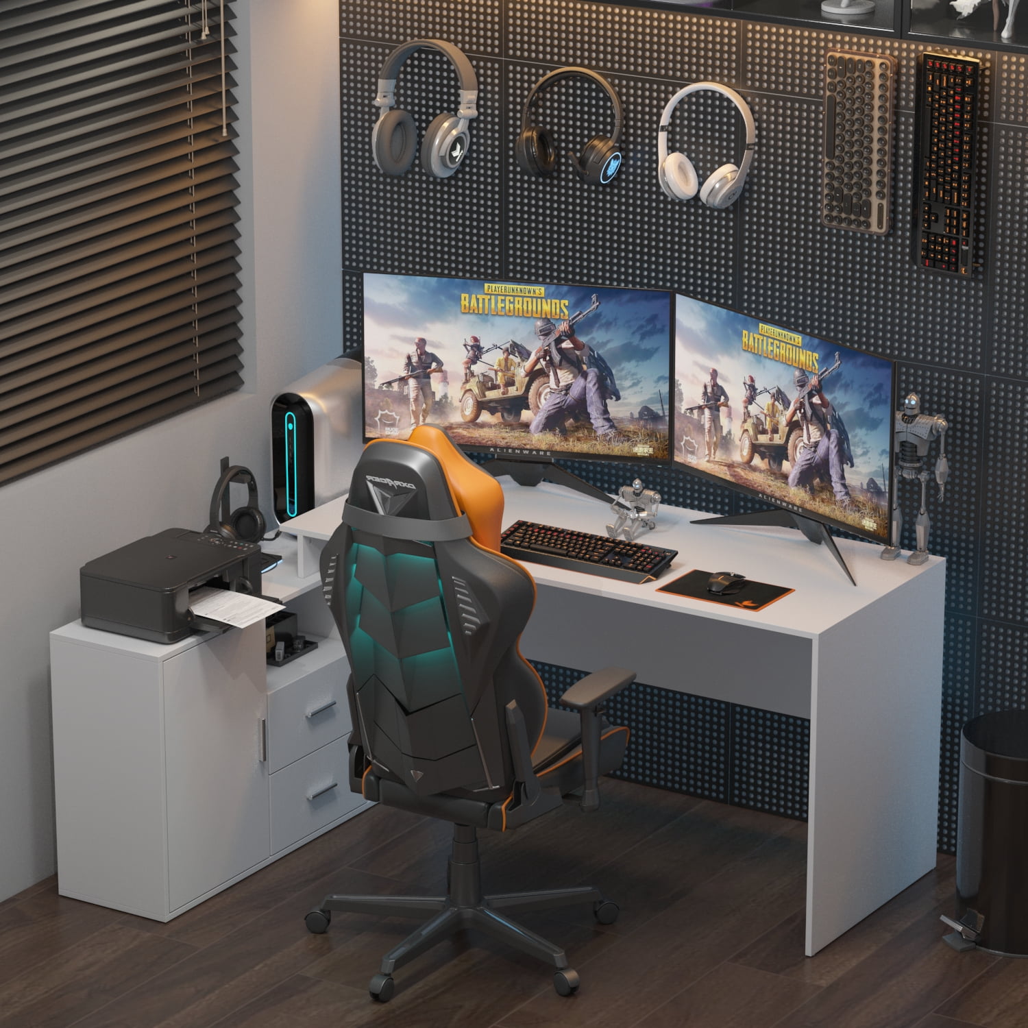 MONSLIPA 55" L Shaped Desk Computer Desk with Storage Shelf and Drawers, Gaming Table Writing Desk for Home Office