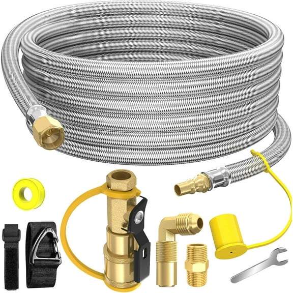 18 FT Quick Connect Propane Hose for RV to Gas Grill, RV Quick Connect with 1/4" Safety Shutoff Valve, LP Quick Disconnect Propane Hose with Elbow Adapter for Blackstone 17"/22" Griddle