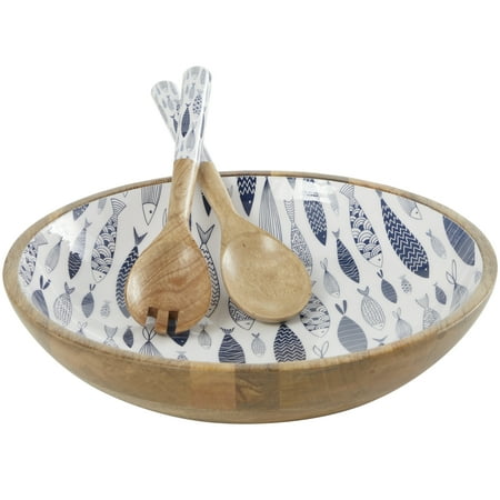 

DecMode 15 11 11 W Handmade Round Blue Mango Wood Decorative Bowl with Matching Salad Serving Utensils Set of 3