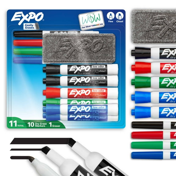 EXPO Dry Erase Markers Kit, Fine and Chisel Tip Markers, Assorted Colors, Eraser, 11 Count