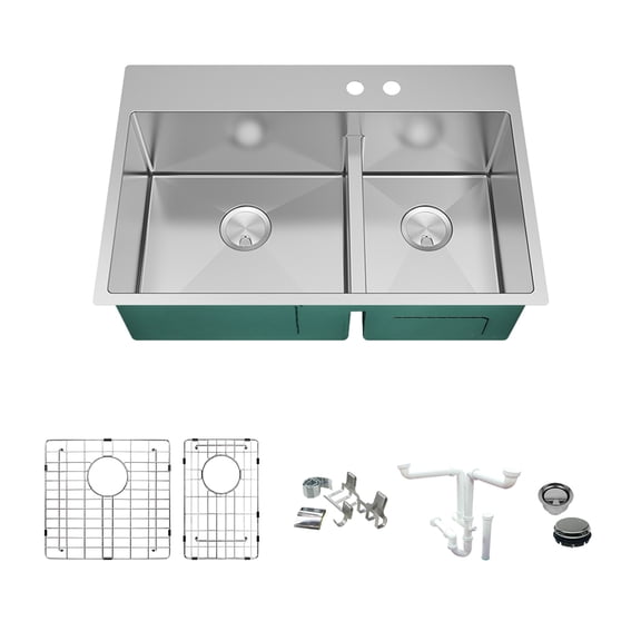 Transolid KKM-DTDO332210-MR2 Diamond 33-in L x 22-in W 60/40 Double Bowl Dual-Mount Kitchen Sink and Accessories Kit with 2 Pre-Drilled Holes in Stainless Steel