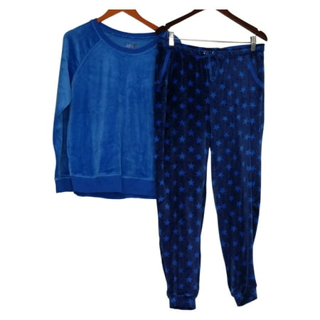 

Muk Luks Women s Sz L Silky Velour Top & Jogger Pant Pajama Set Blue A343506 Regular Size