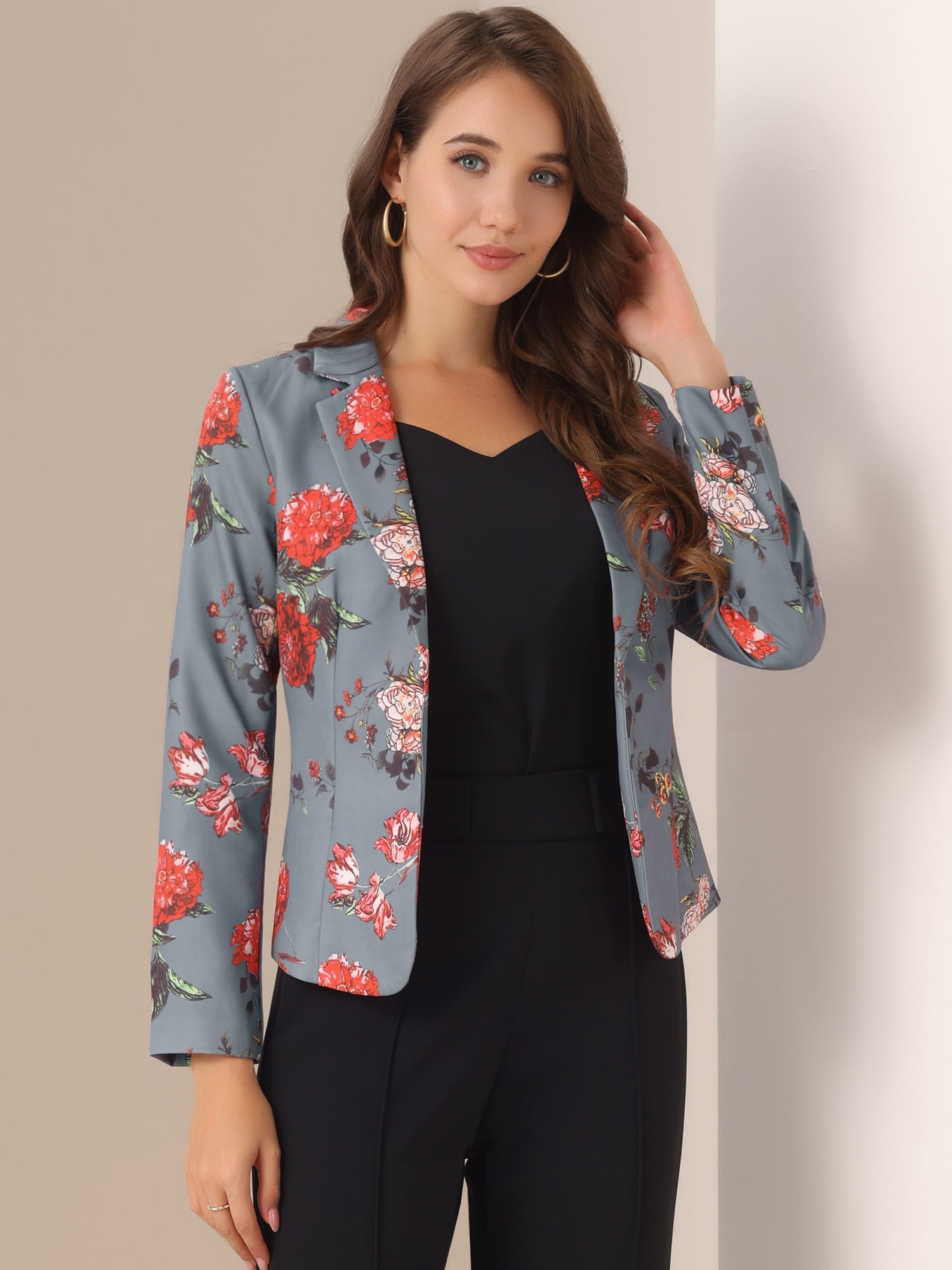 DARING DIVA Women's Elegant Notched Lapel Floral Print Blazer L Gray-Floral