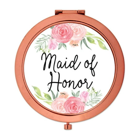 Mirror Perch - Andaz Press Compact Mirror Maid of Honor Wedding Gift, Rose Gold, Peach and Pink Roses, 1-Pack