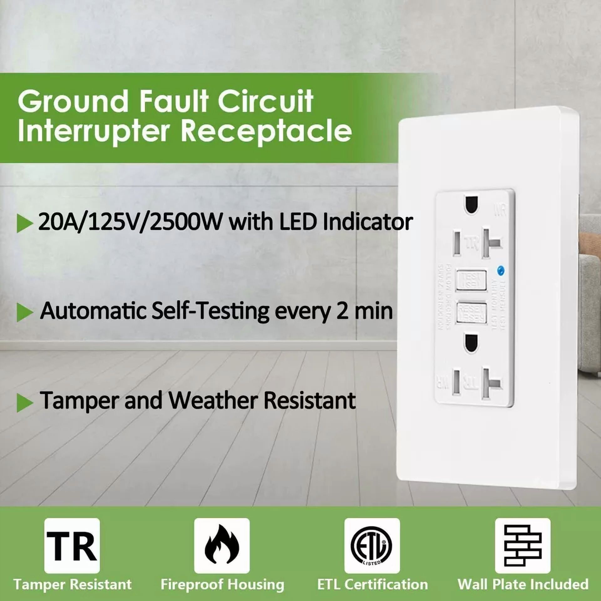 20A Amp Gfci Outlet Duplex Receptacle Self-Test Tr Weather Resistant For Kitchen