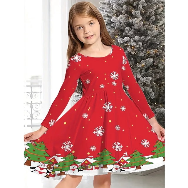 Vestido navideño 2025 para niños, manga larga, estampado completo, informal, con alce, ropa para niñas pequeñas, traje de fiesta de Año Nuevo de Papá Noel