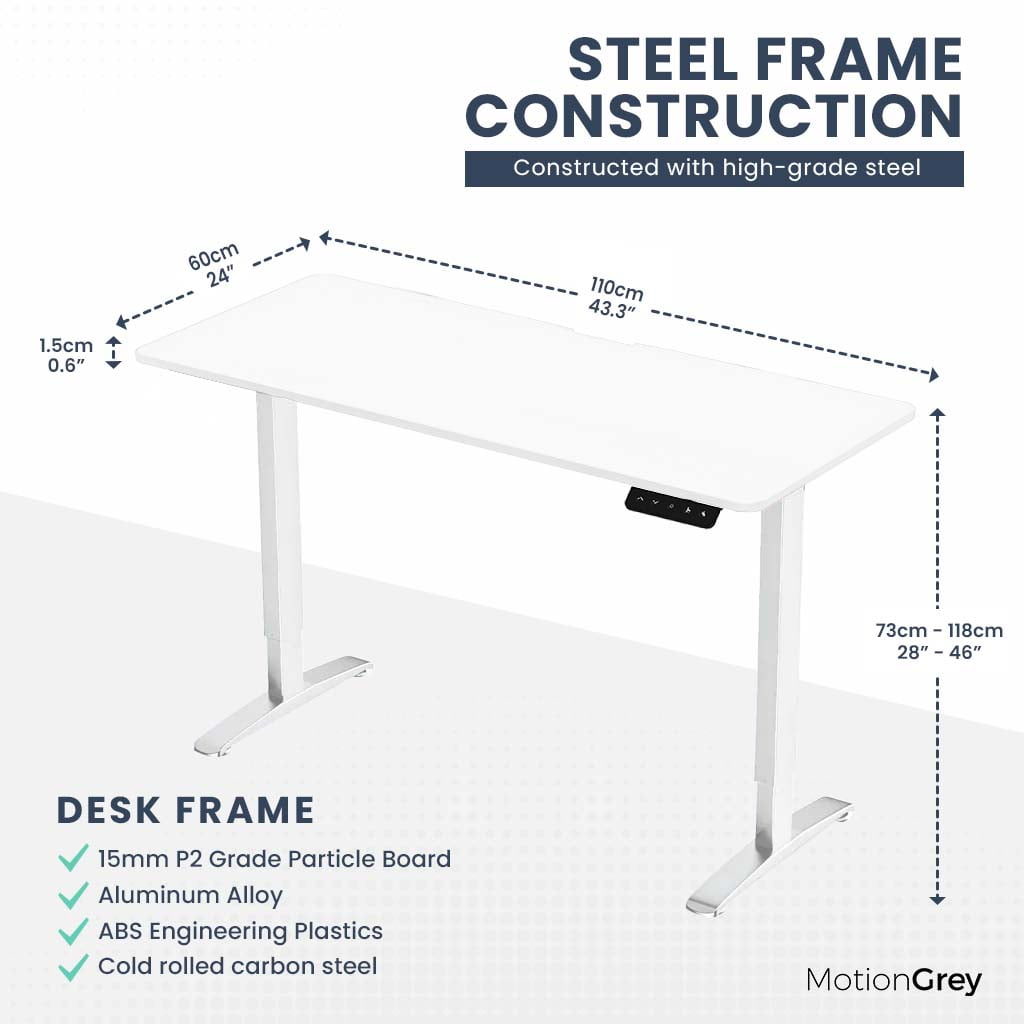 MotionGrey Height Adjustable Electric Motor Sit-to-Stand Standing Office Desk - White Frame with White Tabletop (43"x24")