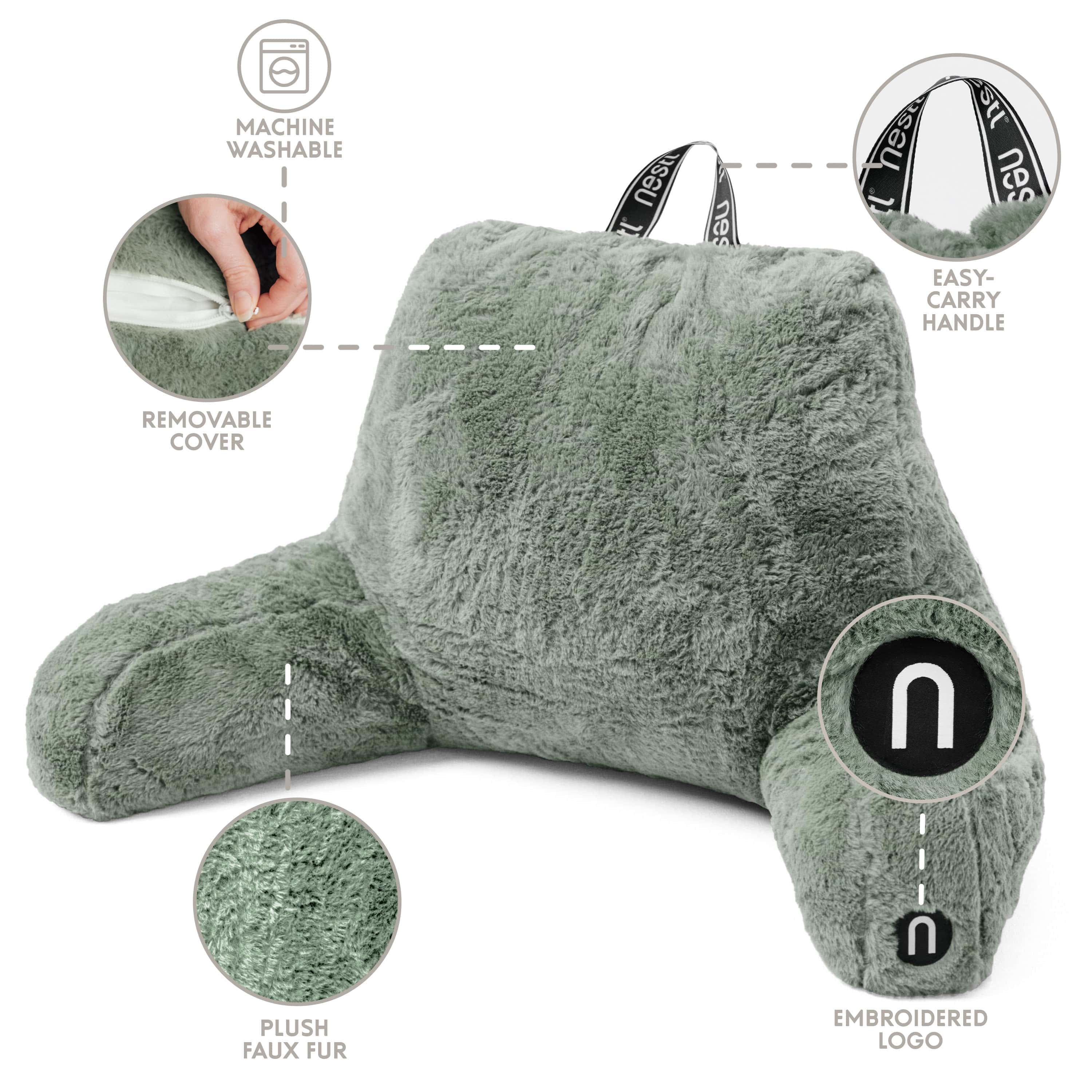 Nestl Fur Reading Pillow with Lap Desk, Stylish Arm Rest Pillow, Lap Desk with Backrest Pillow for Sitting in Bed, Faux Fur, Sage Green