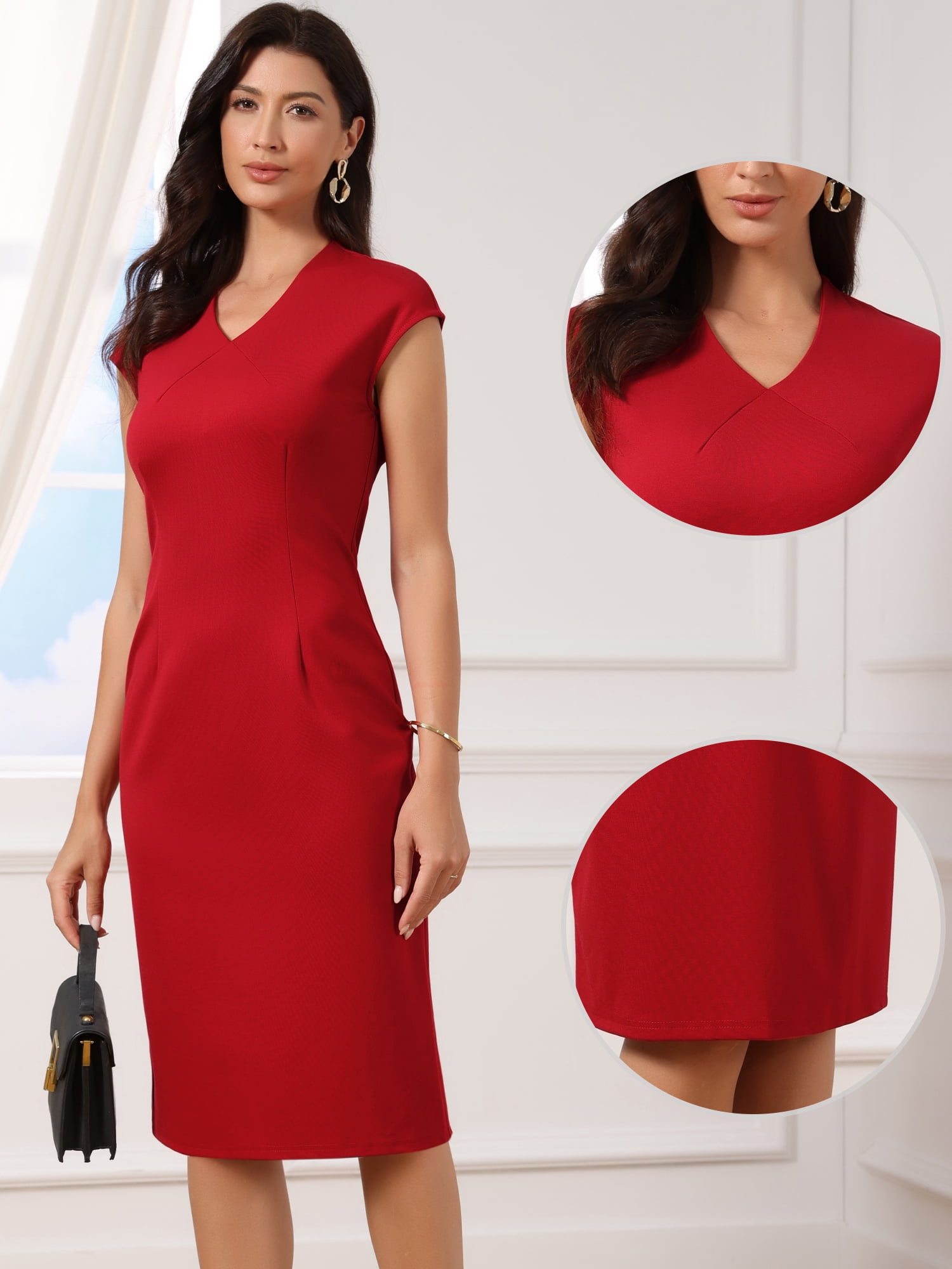 DARING DIVA Women's Bodycon Sheath Knee Length V Neck and Cap Sleeve Work Dress XS Red