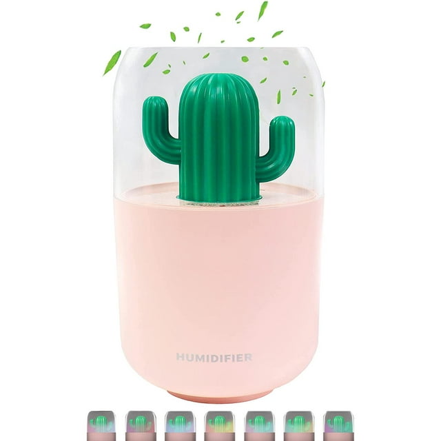 Mini Humidifier, 300ml USB Cool Mist Portable Cactus Humidifier with Night Light, Super Quiet, Auto Shut-Off for Bedroom Office Car Travel (Pink Cactus)