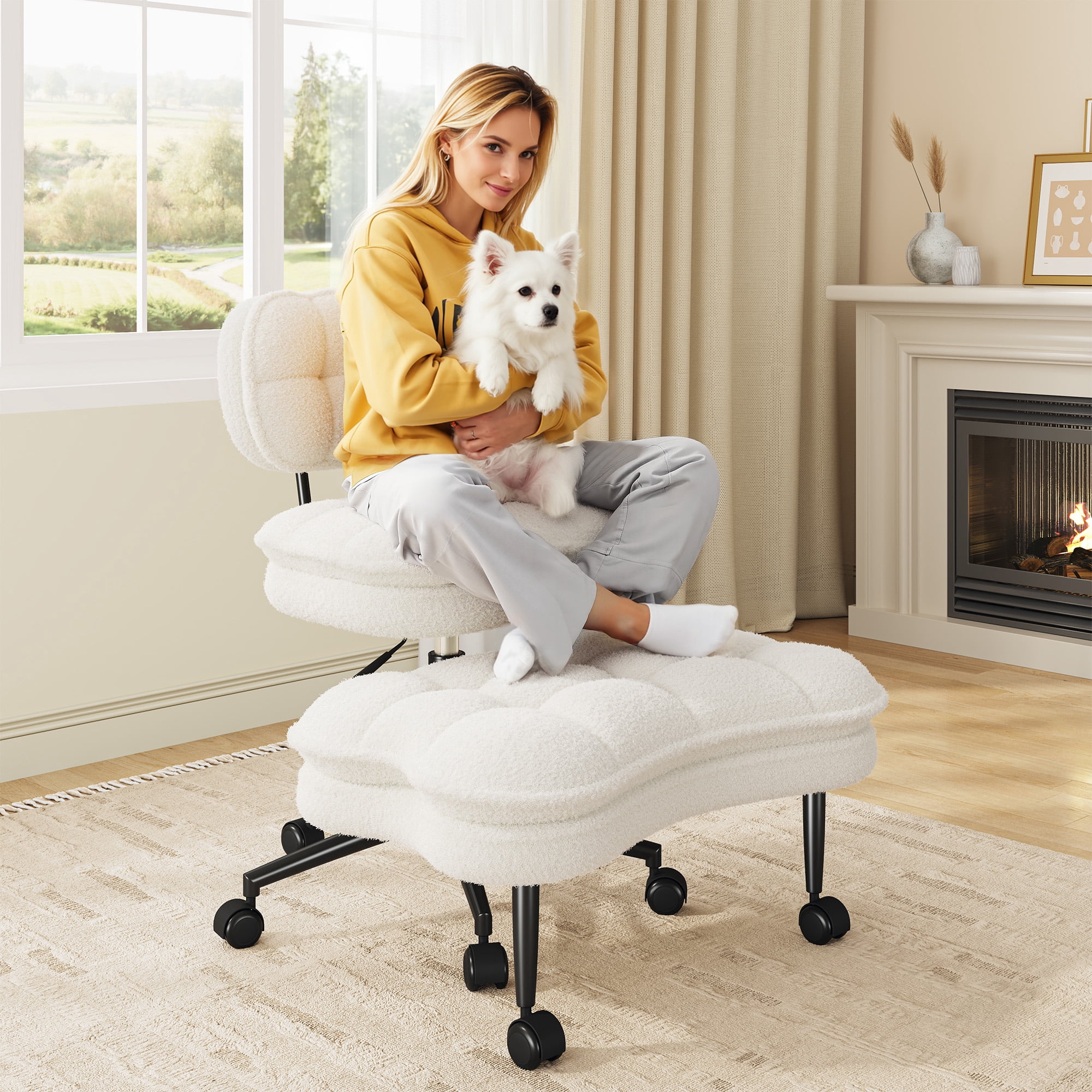 Romorgniz Ergonomic Cross Legged Office Chair 360° Swivel Meditation Chair with Wheels, Kneeling Desk Chair with Height Adjustable Seat, White