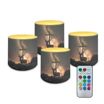 SEANATIVE LED Flameless Candles Set of 4 Multi-Color Battery Operated Fake Flickering Candles with Remote and Timer, for Holiday Festival Wedding Decorations, Deer Cross Galaxy
