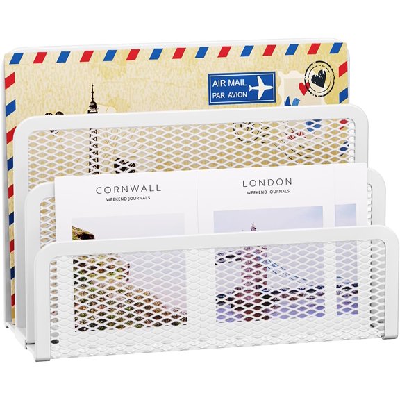 Mail Organizer for Desk, 3-Slot Mesh Metal Mail Holder countertop, Letter Holder, Office Desktop Envelope and Document Storage Rack (White)