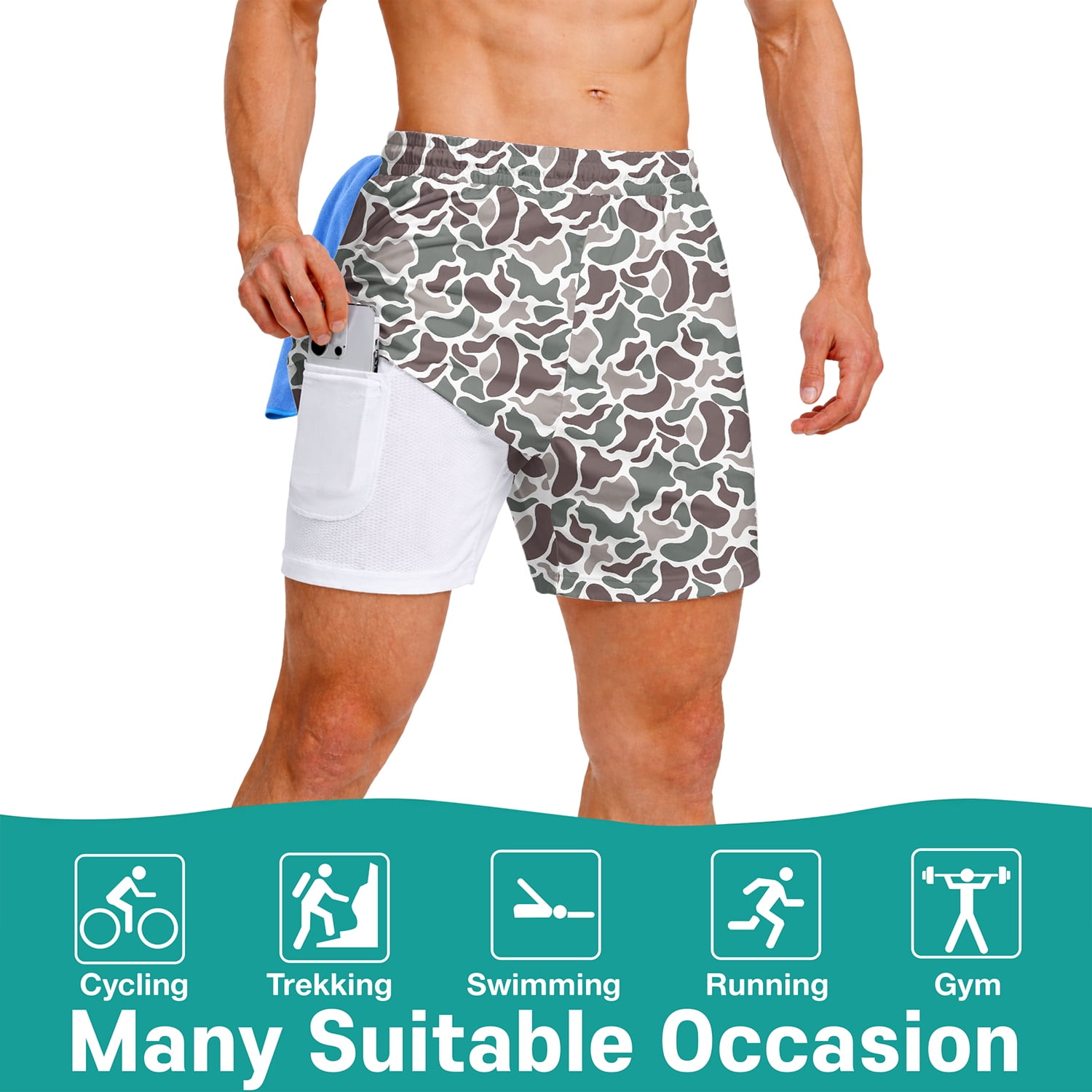 MINOUVA Men's 2-in-1 Swim Trunks with Compression Liner, Quick-Dry Stretch Fabric, Drawstring Waist, and Pockets, Shorts, Camo Duck XL