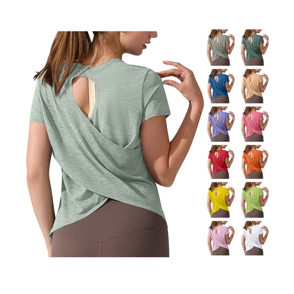Womens Tops Open Back Casual Short Sleeve T Shirts Crew Neck Loose Athletic Plus Size Top Gym Yoga T Shirts Clothes