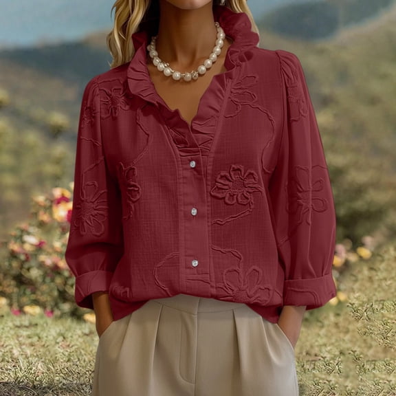 Endives Women's Button Down Shirt Floral Collar Embroidery Blouse Ruffled V Neck Long Puff Sleeve Casual Womens Tops Spring Outfit Summer Red