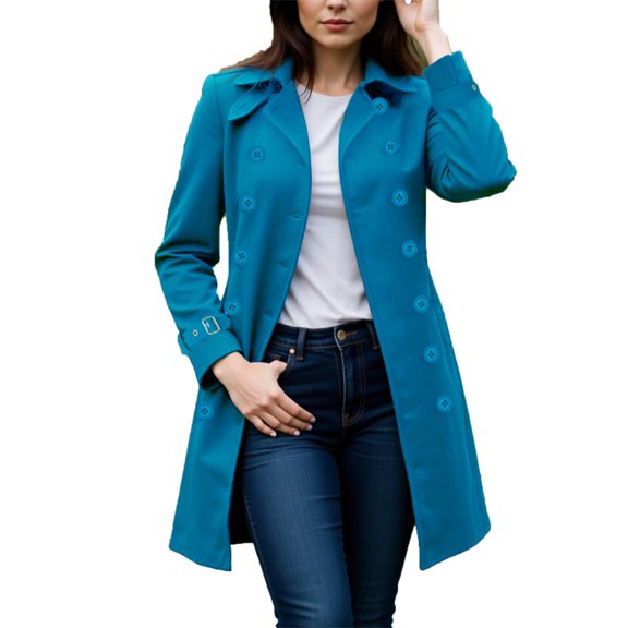 Women's Long Coat Winter Double Breasted Collared Jackets Heavyweight Long Sleeve Solid Color Trendy Outfits Light Blue XL