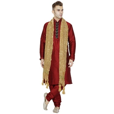 In-Sattva Men's Indian Three-Piece Ensemble Round Neck Pintucked Contrast Kurta Tunic Pajama Red