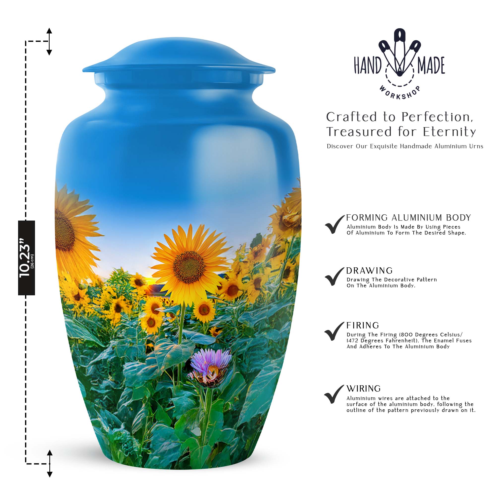 Sunflower Cremation Urns For Ashes For Women, Blue Decorative Urn For Ash Adult Male - 10 Inch, Large Urns For Human Ashes Adult Man, Sunset Burial Urn For Home Or Ceremony