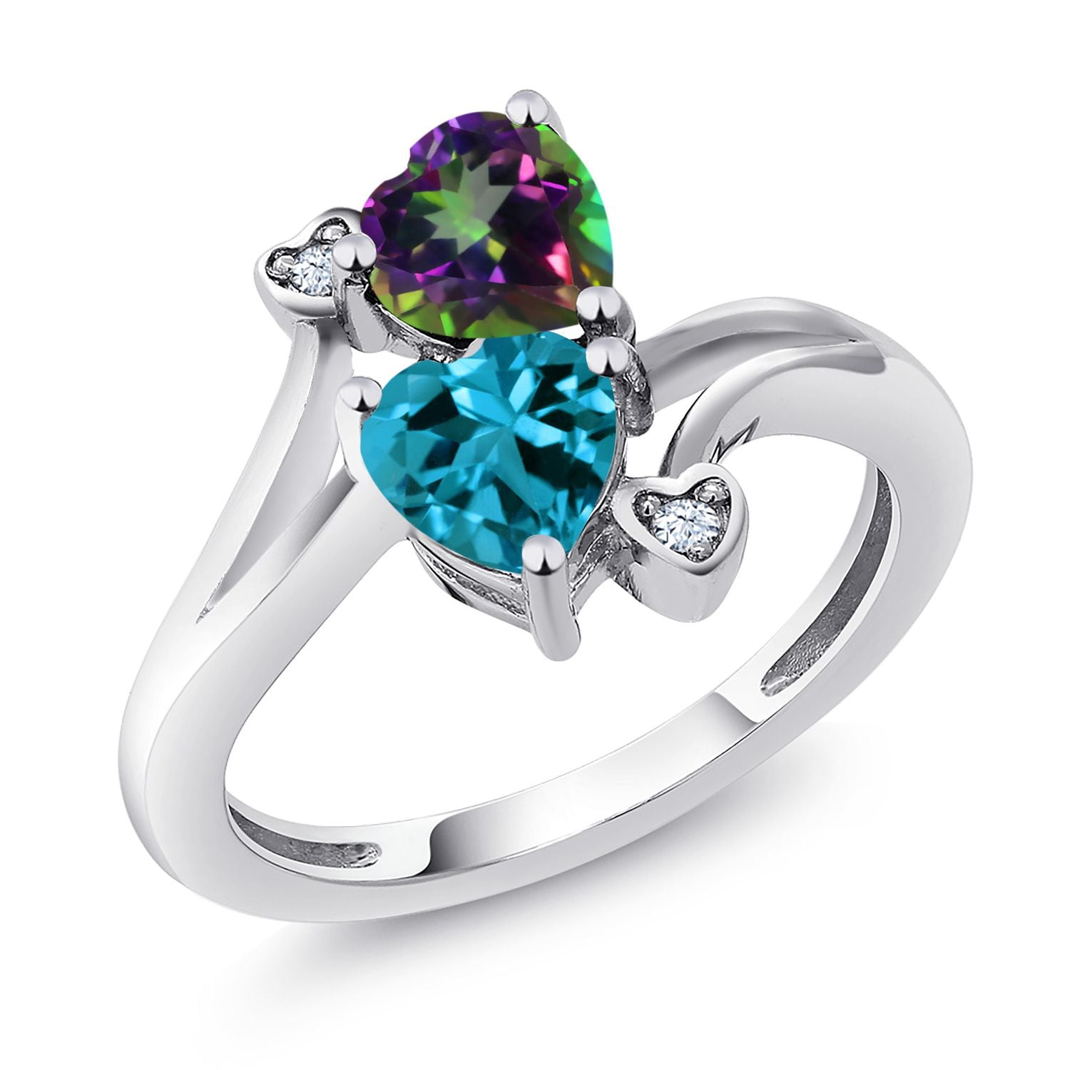 Gem Stone King 925 Sterling Silver Green Mystic Topaz London Blue Topaz Ring for Women (1.93 Cttw, Heart Shape 6MM, Gemstone Birthstone, Size 8)