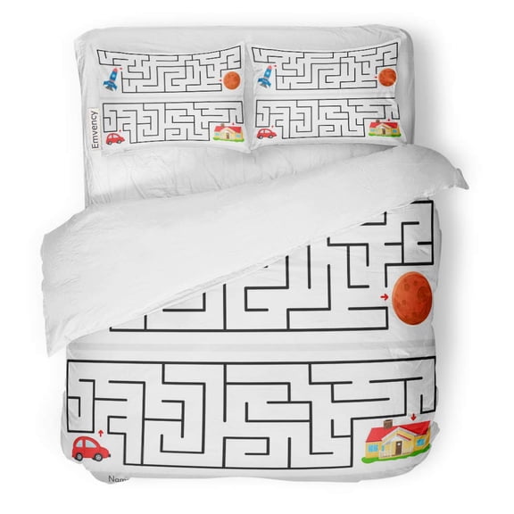 FMSHPON 3 Piece Bedding Set Maze Game Help Rocket Find The Way to Mars Twin Size Duvet Cover with 2 Pillowcase for Home Bedding Room Decoration
