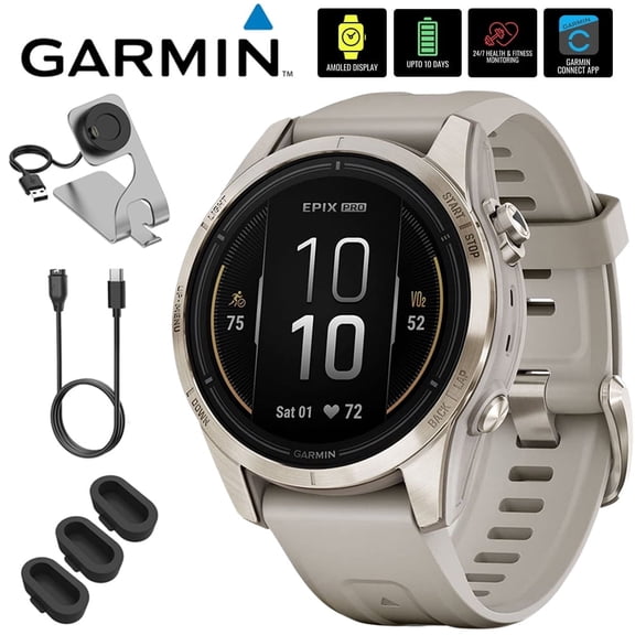 Garmin Epix Pro (Gen 2), 42mm, Sapphire, Soft Gold Steel, Light Sand 010-02802-10 Bundle with Deco Essentials Charging Dock, 3x Silicone Dust Cover and USB Type C Charging and Sync Cable