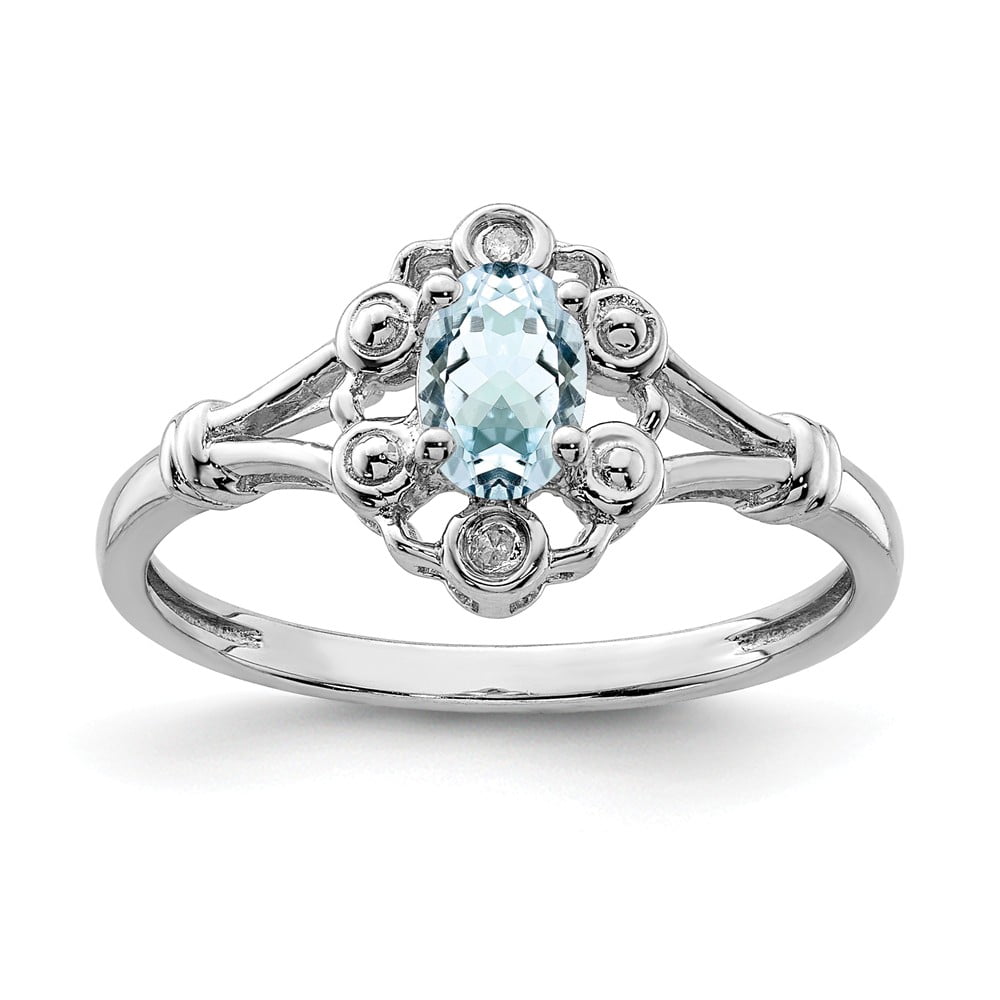 Ring Birthstone - Sterling Silver 2 MM Aquamarine and Diamond March