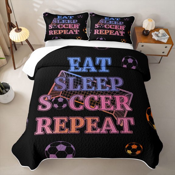 Feelyou Cartoon Soccer Football Twin Quilt Set for Teens, Eat Sleep Repeat Twin Coverlet Set, Black Blue Pink, 2pcs
