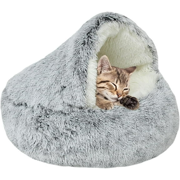 40cm Hooded Plush Round Cat Bed, Gray