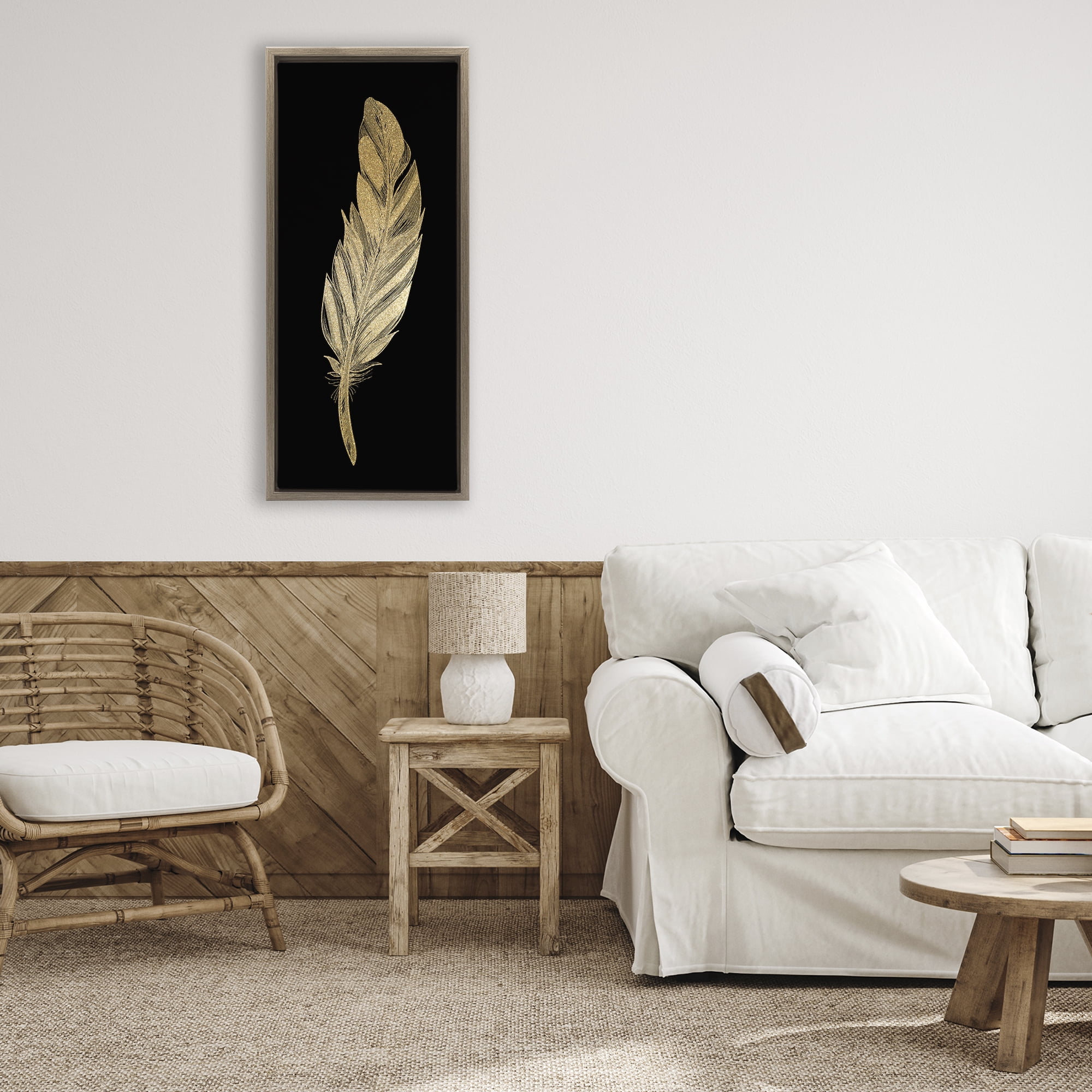 Glam Feather Black & Gold Brown Framed Floater Canvas Wall Art, design by Kim Allen