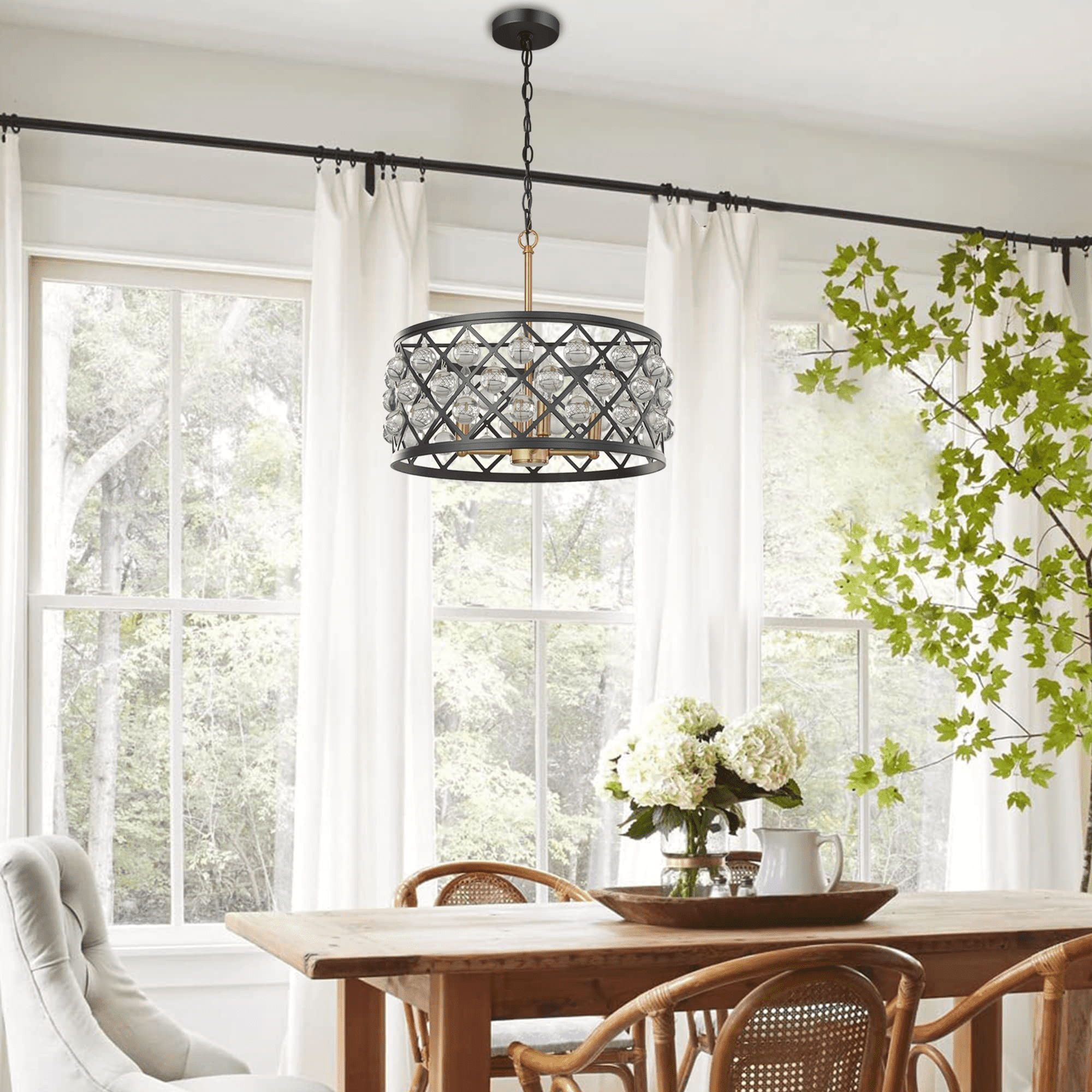 Karmiqi Crystal Chandelier, 17.8" 4-Lights Modern Farmhouse Chandelier with Adjustable Chain, Black Industrial Crystal Pendant Light Fixtures for Kitchen Island Dining Room Entryway Bedroom