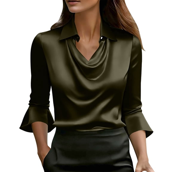 Turilly Womens Elegant Cowl Neck Blouse with A Ruffled Collar And 3/4 Sleeves Solid Color Tops
