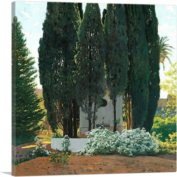 ARTCANVAS The Cypress Fountain Canvas Art Print by Santiago Rusinol - Size: 36" x 36" (0.75" Deep)