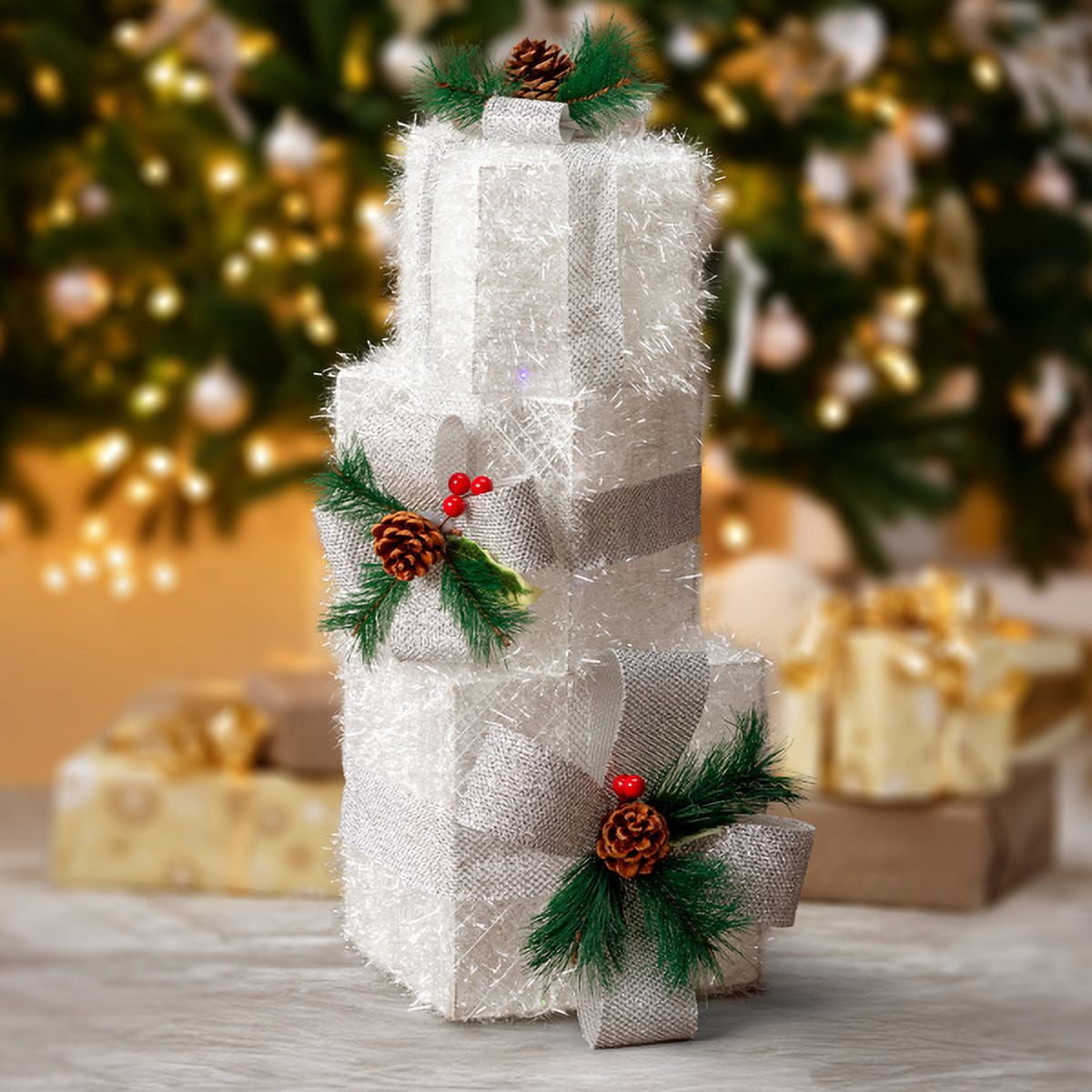 3-Piece Lighted Christmas Gift Boxes Set, 48 Multicolor LED Lights, Nesting Design for Storage, Indoor/Outdoor Decor for Tree, Porch, Yard