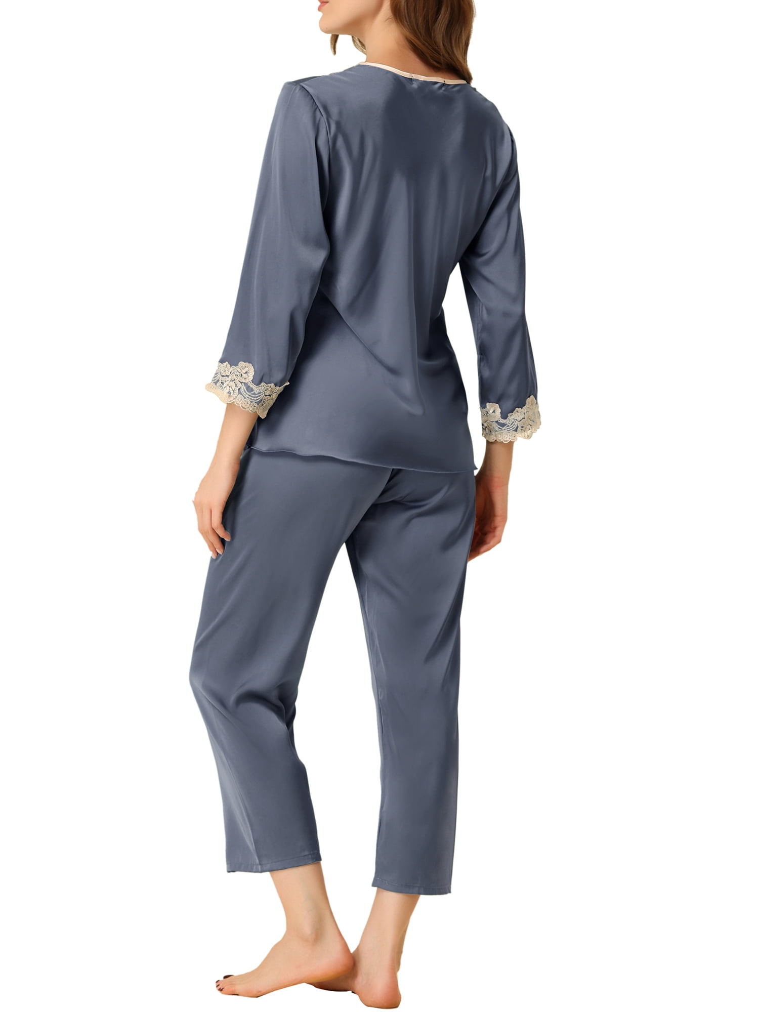 Unique Bargains Women’s Satin Pajama Lace Trim Night Suit Lounge Sleepwear Sets