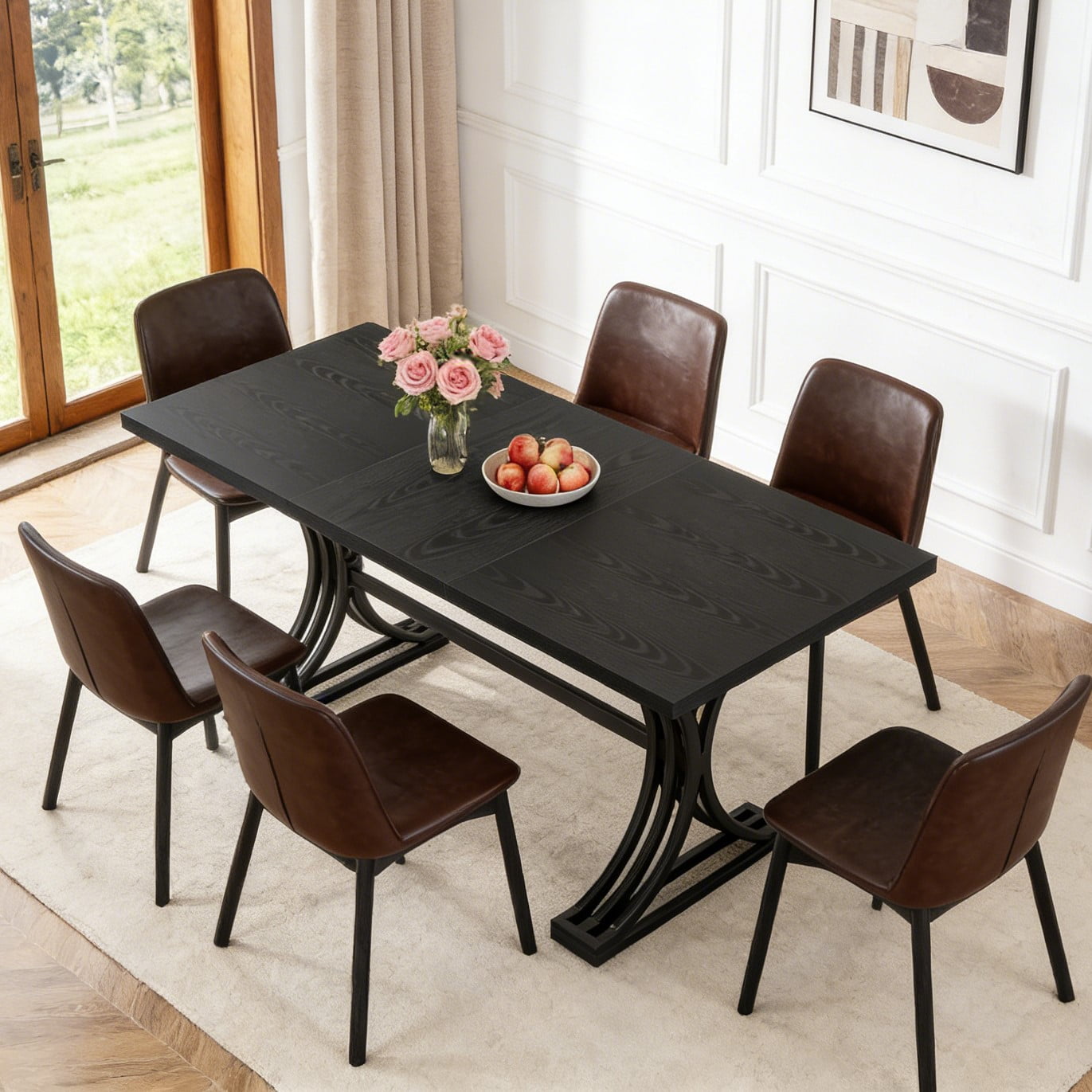 Fnova 63" Modern Dining Table, Rectangular Wooden Top Kitchen Table, Stylish Metal Trestle Legs, Seats 4 to 6 for Dining Room & Kitchen, Living Room